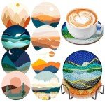 8 Pcs Diamond Art Painting Coasters Diamond Art Coasters with Holder, Abstract Landscape Diamond Art Painting Kits for Adults, Kids & Beginners, DIY Diamond Art Kits Craft Supplies Coasters for Drinks