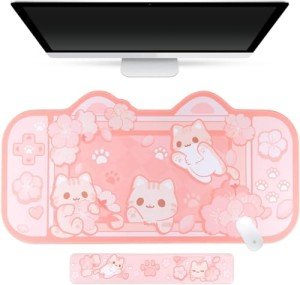 BelugaDesign Sakura Cat Desk Pad | NS Switch Keyboard Laptop Gaming Setup Accessories Mat Large Mat Mousepad | Pastel Pink Bunny Kawaii Cute Anime Desk Mat Blotter Protector with Gel Wrist Support