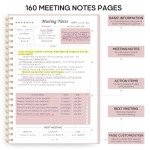 Meeting Notebook For Work Organization - Work Planner Notebook With Action Items, Agenda Planner For Note Taking, 160Pages (6.9" X 9.9") Project Planner For Men & Women - Pink