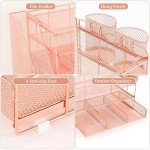 gianotter Paper Letter Tray Organizer with File Holder, 4-Tier Desk Accessories & Workspace Desk Organizers with Drawer and 2 Pen Holder for Office Supplies (Rose Gold)