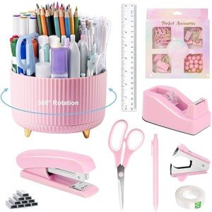Pink Desk Accessories, Pink Office Supplies 360°Pen Holder Desk Organizers and Accessories with Tape Dispenser, Stapler, Staple Remover, 1000 Staples, Tape, Clips Set, Ruler, Scissor, Pen