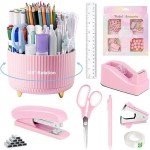 Pink Desk Accessories, Pink Office Supplies 360°Pen Holder Desk Organizers and Accessories with Tape Dispenser, Stapler, Staple Remover, 1000 Staples, Tape, Clips Set, Ruler, Scissor, Pen