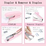 Pink Desk Accessories, Pink Office Supplies 360°Pen Holder Desk Organizers and Accessories with Tape Dispenser, Stapler, Staple Remover, 1000 Staples, Tape, Clips Set, Ruler, Scissor, Pen