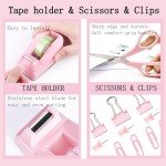 Pink Desk Accessories, Pink Office Supplies 360°Pen Holder Desk Organizers and Accessories with Tape Dispenser, Stapler, Staple Remover, 1000 Staples, Tape, Clips Set, Ruler, Scissor, Pen