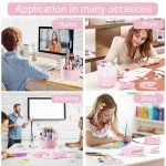 Pink Desk Accessories, Pink Office Supplies 360°Pen Holder Desk Organizers and Accessories with Tape Dispenser, Stapler, Staple Remover, 1000 Staples, Tape, Clips Set, Ruler, Scissor, Pen