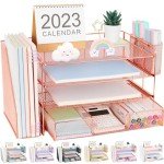 OPNICE Desk Accessories - Workspace Organizer with 2 Pen Holders, 4 Tier Paper Organizer (Rose Gold)