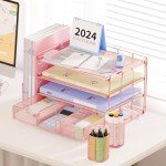 OPNICE Desk Accessories - Workspace Organizer with 2 Pen Holders, 4 Tier Paper Organizer (Rose Gold)