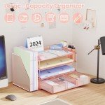 OPNICE Desk Accessories - Workspace Organizer with 2 Pen Holders, 4 Tier Paper Organizer (Rose Gold)