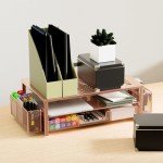 gianotter Desk Computer Monitor Stand Riser with Drawer and 2 Pen Holder, Desk Organizers for Wome,Home Office Essentials (Rose Gold)