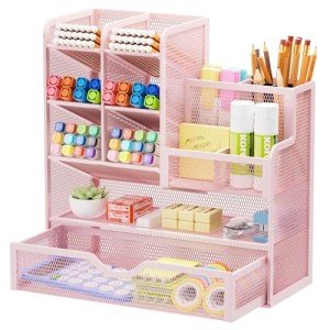 Marbrasse Mesh Desk Organizer with Drawer, Multi-Functional Pencil Organizer, 12 Compartments, Pink, Modern, Minimalist