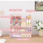 Marbrasse Mesh Desk Organizer with Drawer, Multi-Functional Pencil Organizer, 12 Compartments, Pink, Modern, Minimalist
