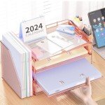 OPNICE Desk Accessories - Workspace Organizer with 2 Pen Holders, 4 Tier Paper Organizer (Rose Gold)