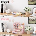 Marbrasse Mesh Desk Organizer with Drawer, Multi-Functional Pencil Organizer, 12 Compartments, Pink, Modern, Minimalist