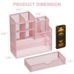 Marbrasse Mesh Desk Organizer with Drawer, Multi-Functional Pencil Organizer, 12 Compartments, Pink, Modern, Minimalist