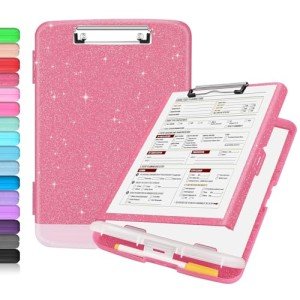Sooez Glitter Clipboard with Storage, High Capacity Storage Clipboard with Pen Holder, Cute Clip Boards 8.5x11 with Low Profile Clip, Sparkle Plastic Clipboard Case Box for Women & Kids, Side Opening
