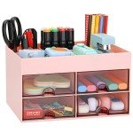 LETURE Office Desktop Organizer with Drawer, Desk Top Accessories Stationary Organizer Desk Caddy, Pen/Pencil/Business Card/Sticky Note Tray/Paperclip Holder Storage Box (Pink)