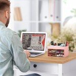 LETURE Office Desktop Organizer with Drawer, Desk Top Accessories Stationary Organizer Desk Caddy, Pen/Pencil/Business Card/Sticky Note Tray/Paperclip Holder Storage Box (Pink)