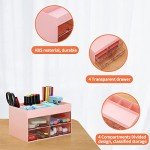 LETURE Office Desktop Organizer with Drawer, Desk Top Accessories Stationary Organizer Desk Caddy, Pen/Pencil/Business Card/Sticky Note Tray/Paperclip Holder Storage Box (Pink)