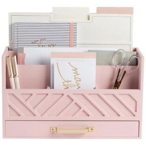 BLU MONACO Pink Wooden Desk Organizer with Storage Drawer and Gold Handle – Cute Office Supplies Holder – Mail Storage for Desktop at Home, Office, or Workspace