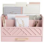 BLU MONACO Pink Wooden Desk Organizer with Storage Drawer and Gold Handle – Cute Office Supplies Holder – Mail Storage for Desktop at Home, Office, or Workspace
