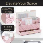 BLU MONACO Pink Wooden Desk Organizer with Storage Drawer and Gold Handle – Cute Office Supplies Holder – Mail Storage for Desktop at Home, Office, or Workspace