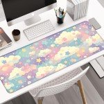 AYKDTFN Cute Colorful Cloud and Star Desk Mat, Watercolor Pink Extended Large Gaming Mouse Pad, Computer Keyboard Laptop Girl Kawaii Mousepad for Work, Game, Office and Home, XL
