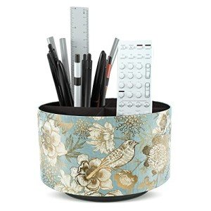 Hennaja Round Leather Art Supply Organizer,Remote Control Holder,360 Degree Rotating,Multi-Functional Pencil Holder,4 Compartments Desktop Stationary Organizer(1-Blue Bird)