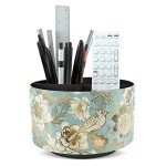 Hennaja Round Leather Art Supply Organizer,Remote Control Holder,360 Degree Rotating,Multi-Functional Pencil Holder,4 Compartments Desktop Stationary Organizer(1-Blue Bird)