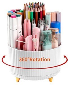 Desk Pen Holder, 5-Slot 360 Rotating Pencil & Pen Organizer - Desktop Storage Stationery Supplies Organizer, Cute Pencil Cup Pot for Office, School, Home, Art Supply, White