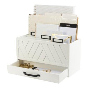 BLU MONACO Grey Desktop Mail Organizer – Three-Tiered with Gold Label Holders and Drawer – Stylish Mail Holder and Countertop Document Storage for Home or Office
