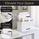 BLU MONACO Grey Desktop Mail Organizer – Three-Tiered with Gold Label Holders and Drawer – Stylish Mail Holder and Countertop Document Storage for Home or Office