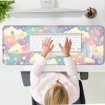 AYKDTFN Cute Colorful Cloud and Star Desk Mat, Watercolor Pink Extended Large Gaming Mouse Pad, Computer Keyboard Laptop Girl Kawaii Mousepad for Work, Game, Office and Home, XL