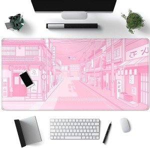 Pink Desk Mat Tokyo Street Desk Mat Anime Japanese Mouse Pad XL Kawaii Large Gaming Mousepad XXL, Cute Desktop Mat Laptop Keyboard Mouse Mat Desk Pad Big 31.5x15.7 in with Stitched Edges Non-Slip