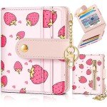 Bistup Wallet Women Slim Cute Leather Thin Bifold Small Wallet Purse Ladies Teen Girl Female Medium Aesthetic Kawaii Strawberry Tiny Simple Girly Unique Pretty Modern Credit Card Holder Keychain Rfid
