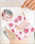 Bistup Wallet Women Slim Cute Leather Thin Bifold Small Wallet Purse Ladies Teen Girl Female Medium Aesthetic Kawaii Strawberry Tiny Simple Girly Unique Pretty Modern Credit Card Holder Keychain Rfid