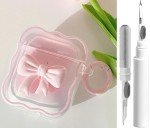 Cute AirPods 2/1 Generation Clear Case, Girly 3D Bow Design Soft TPU Protective Shockproof Kawaii for Apple iPod 2nd/1st Generation Cover with Cleaner Kit & Keychain Girls Women - Pink Bow