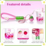 YOU WIZV Cute Keychain,Kawaii Pink Liquid Key Chains for Women Girls,Strawberry Rabbit BoBo Liquid keychain for backpack Kawaii Girly Bag Charms