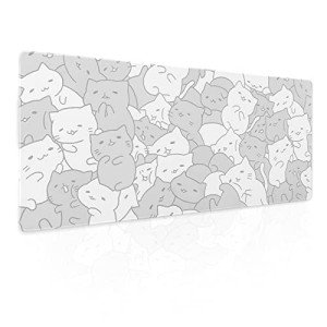 White Kawaii Cats Gaming Mouse Pad XL Cute Anime Kittens Japanese Extended Big Large Desk Mat Non-Slip Rubber Base Stitched Edge Long Keyboard Mousepad for PC Computer Laptop,31.5×11.8 Inches