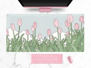 WatercolorTulip Flower Mouse Pads,Extended Gaming Mousepad XXL Kawaii Anime Desk Mat Pink Green Large Full Desk Mouse Pad for Wireless Mouse Keyboard Mat with Stitched Edges 31.5" x15.75