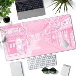 Pink Desk Mat Tokyo Street Desk Mat Anime Japanese Mouse Pad XL Kawaii Large Gaming Mousepad XXL, Cute Desktop Mat Laptop Keyboard Mouse Mat Desk Pad Big 31.5x15.7 in with Stitched Edges Non-Slip