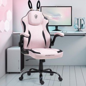 Dowinx Gaming Chair with Removable Cute Bunny Ears, Desk Game Chair Adiustable Height Cloth for Girl, Ergonomic Computer Chair for Adult, Teen, Executive Design for Home and Office, Pink