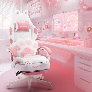 MEENICE Pink Gaming Chair Cute with Cat Ears Paw Lumbar and Cushion,Ergonomic Computer Chair with Footrest,Reclining PC Game Chair for Girl Computer Chair 300lbs for Adult