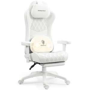 Dowinx Heated Massage Gaming Chair for Adults - Ergonomic Reclining Computer Chair with Sofa-Grade Pocket Spring Cushion & Adjustable Footrest, Heavy Duty Gaming Chair with Lumbar Support (White)