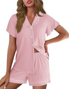 Ekouaer Pajamas for Women Set Button Up Pjs Ruffle Sleeve Sleepwear Notch Collar Bride Soft Pj Lounge Sets Light Pink M