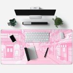 Pink Desk Mat Tokyo Street Desk Mat Anime Japanese Mouse Pad XL Kawaii Large Gaming Mousepad XXL, Cute Desktop Mat Laptop Keyboard Mouse Mat Desk Pad Big 31.5x15.7 in with Stitched Edges Non-Slip
