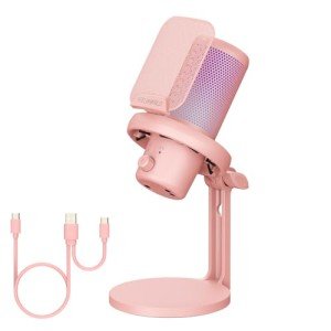 FEELWORLD VM1 Pink Gaming PC USB Microphone Condenser Mic with Noise Cancellation Mute RGB Light, Computer Accessories Gifts for Gamer YouTube Twitch Podcast Streaming Recording Online Chat PS4 PS5