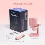 FEELWORLD VM1 Pink Gaming PC USB Microphone Condenser Mic with Noise Cancellation Mute RGB Light, Computer Accessories Gifts for Gamer YouTube Twitch Podcast Streaming Recording Online Chat PS4 PS5