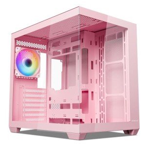 Vetroo AL900 ATX PC Case with 270° Full View Tempered Glass, Pre-Installed ARGB & PWM FDB Fan, Supports 360mm Radiator & 10 Fans, Type-C Ready, for 40 Series GPUs (Pink)