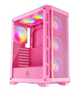 Apevia Hydra-PK Hydra Mid Tower Gaming PC Case w/ 6X 120mm ARGB Fans, 366 RGB Light Modes, High Performance Breathable Airflow Mesh Front Panel, Tempered Glass Side Panel, 1X USB3.0, 2X USB2.0, Pink