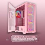 Apevia Inspire-PK Inspire Mid Tower ATX Gaming PC Case w/ 4X 120mm ARGB Fans, 366 RGB Light Modes, 1x Metal Mesh Airflow Front Panel, 1x Door Swivel Style Magnetic Glass Side Panel, 2X USB3.0, Pink